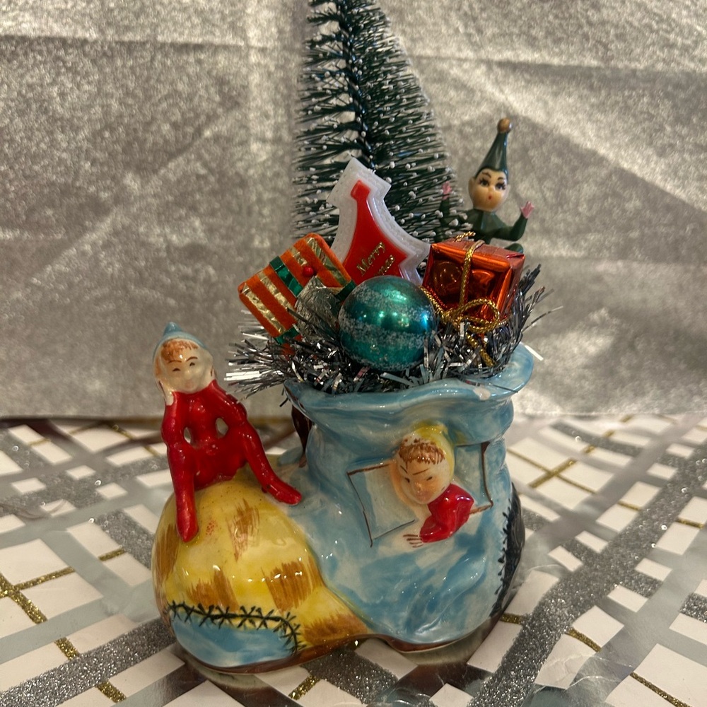 Festive Boot Vase with Elves and Gifts